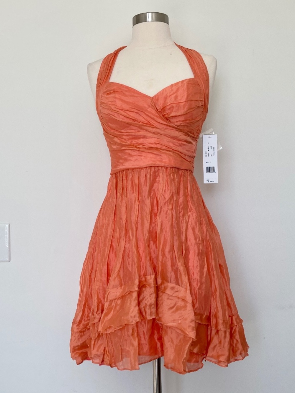 Silk Ruffle Halter Neck Sweetheart Low Back Mini Cocktail Dress Coral Orange